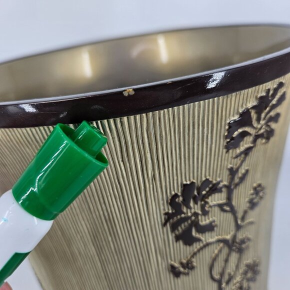 Ceramic Trash Garbage Can 10" Round Gold Brown Ribbed Floral Rustic Asian MCM - Picture 9 of 13